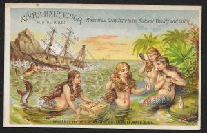 VICTORIAN TRADE CARD Ayers Hair Vigor Four Mermaid Using Product