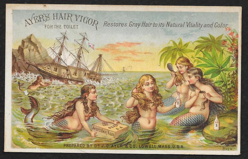 VICTORIAN TRADE CARD Ayers Hair Vigor Four Mermaid Using Product