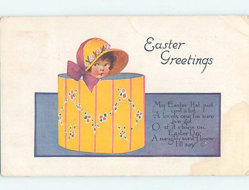 Pre-Linen easter GIRL IN YELLOW HAT PLAYS IN GIANT ANTIQUE HATBOX ho4280