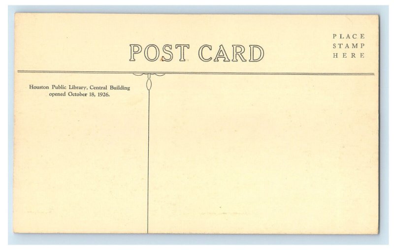 1926 Houston Public Library Central Building Houston Texas TX Postcard