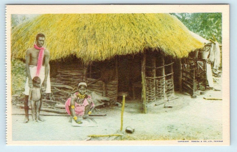 TRINIDAD ~ NATIVES FAMILY & Their GRASS SHACK  c1940s  Postcard