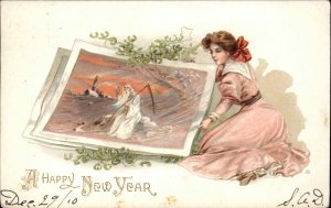 New Year Beautiful Woman Fantasy Picture of Father Time c1910 Vintage Postcard