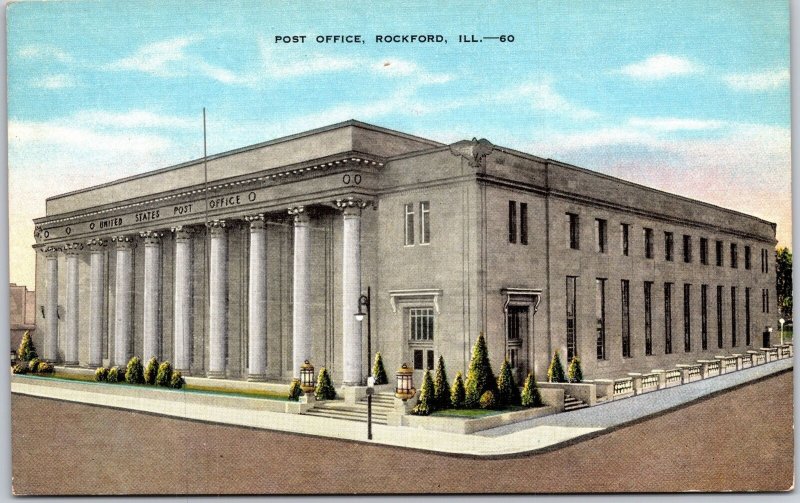 Rockford Illinois, Side View Post Office, Historic Building, Vintage Postcard