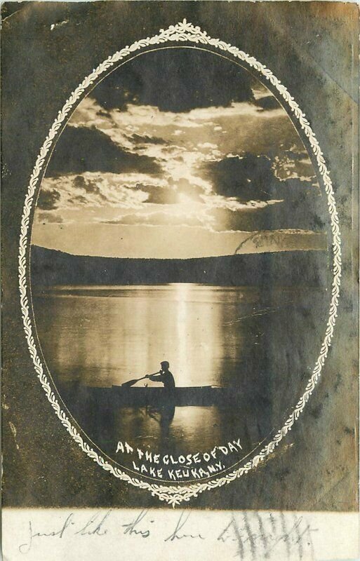 1907 Lake Keuka New York Catawea DPO Steuben Sunset Canoe RPPC Harris Frame