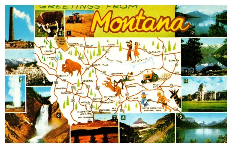 Postcard MAP MT - Greetings from Montana - Map with pictures
