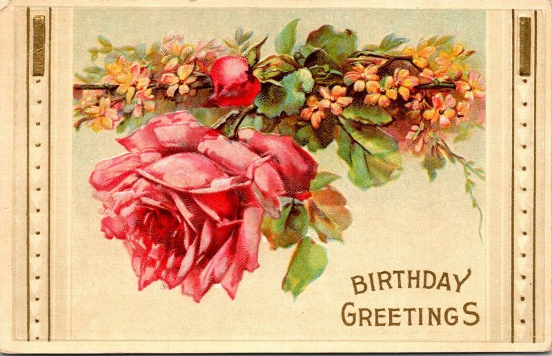 1911 - POSTCARD - BIRTHDAY GREETINGS - GOLD RED PINK FLOWERS - VINTAGE - PC 