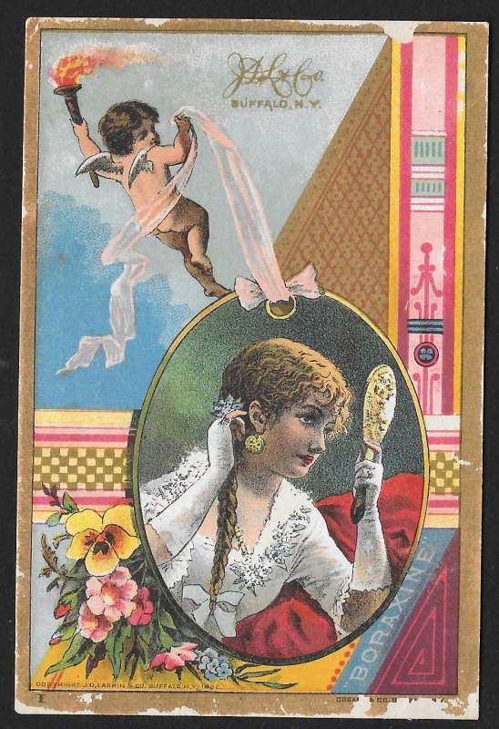 VICTORIAN TRADE CARD Elite Toilet Soap Cupid Pretty Lady Dress Flowers c1882