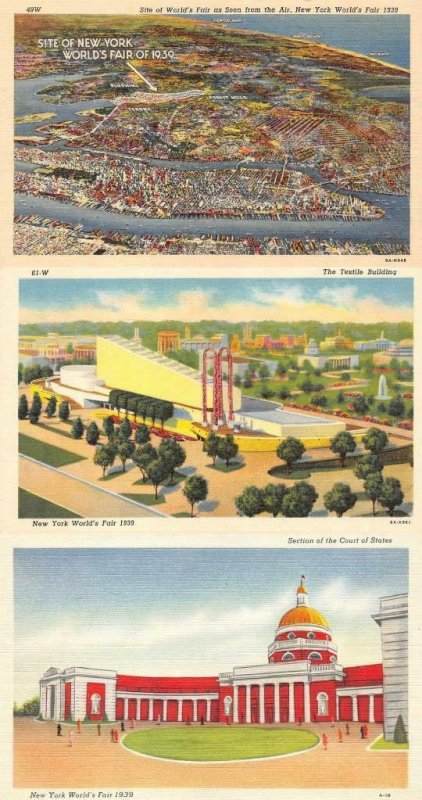 NY, 1939 New York World's Fair AERIAL~TEXTILE BLDG~COURT OF STATES *3* Postcards