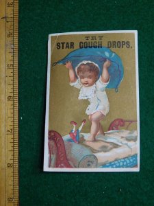 1870s-80s Star Cough Drops Kenyon Potter & Co Girl Holding Pillow Trade Card F33