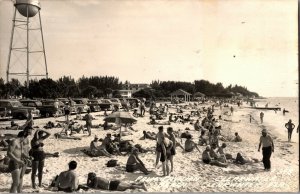 RPPC Sun Bathers, Swimmers Palm Pavilion, Clearwater Beach FL Postcard H44