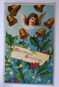 Christmas Greetings Postcard Cherub Angel Wings Embossed Bells Flowers Germany