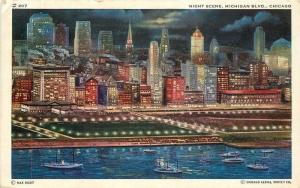 1941 Night Scene Michigan Boulevard Chicago Illinois Postcard 1038