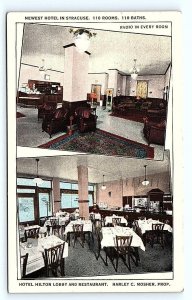 SYRACUSE, NY New York ~ Lobby & Restaurant HOTEL HILTON 1924 Roadside Postcard