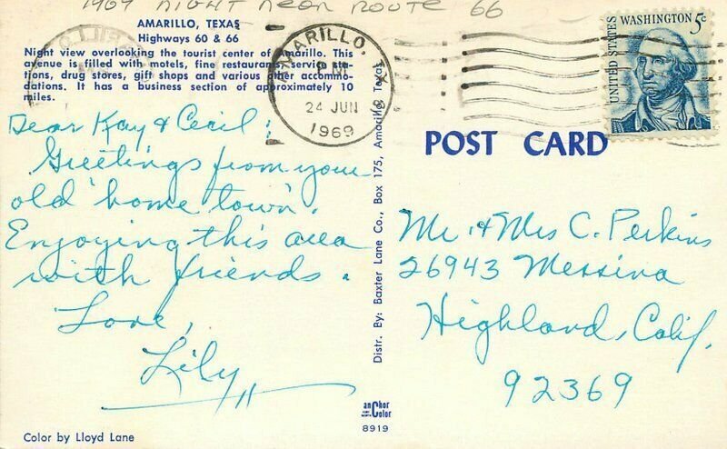 Texas Amarillo Night Neon Route 66 Gas Pumps autos Baxter Lane  Postcard 22-3512