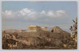 Postcard Athens Greece Acropolis Parthenon Hills Clouds 1960s Chrome View