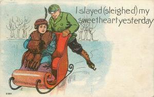 Artist Impression 1908 Man pushing sweetheart in Sleigh postcard 567