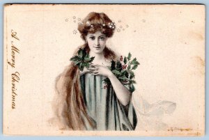 Pre-1907 BEAUTIFUL WOMAN LONG HAIR MERRY CHRISTMAS LEUBRIE & ELKUS POSTCARD