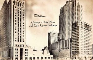 RPPC DAILY NEWS & CIVIC OPERA BLDGS CHICAGO ILLINOIS REAL PHOTO POSTCARD 1930s