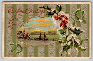 Christmas Greetings Be Yours, Holly, Snowy Harbor Scene, Antique Postcard
