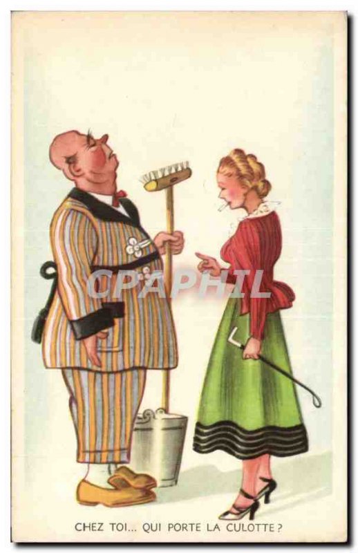 Old Postcard Fantasy Illustrator Humor In you who wears the pants? Couple