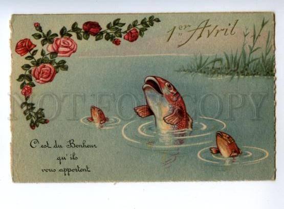 146585 1st April FISH Fishing as SINGERS Roses Vintage colorPC