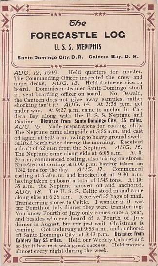 Military U S S Memphis Forecastle Log 12 August 1916