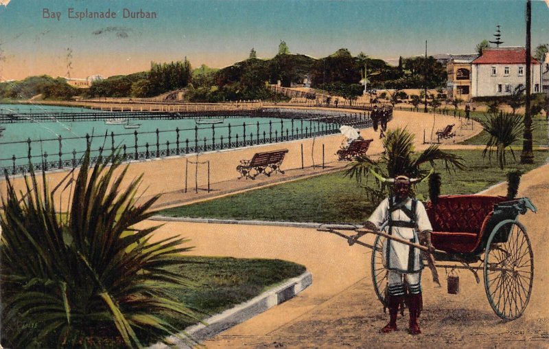 A708 South Africa 1910 Bay Esplanade Durban Ethnic Rickshaw Boy vintage postcard