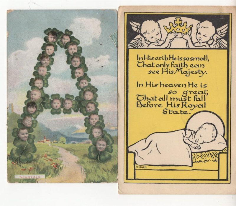 The Letter A Made Of Babies Heads & Poem 2x Old Baby Postcard s