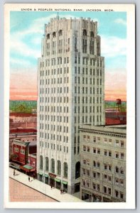Jackson Michigan~Air View Union & Peoples National Bank~Vintage Postcard
