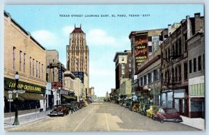 El Paso Texas TX Postcard Texas Street Looking East Buildings Classic Cars 1940