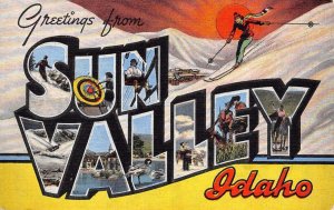 Large Letter Greetings SUN VALLEY Idaho Skiing Linen Vintage Postcard c1940s