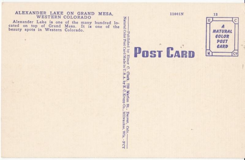 ALEXANDER LAKE ON GRAND MESA, WESTERN COLORADO, unused linen Postcard