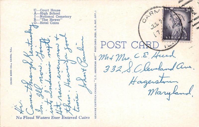 C16/ Cairo Illinois Il Postcard 1945 Linen Teich Large Letter Greetings from