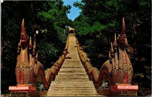 Chiengmai Thailand Dragon Staircase Doi Suthep Chrome Cancel WOB Postcard 