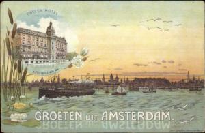 Groeten Uit Amsterdam Lily Pad Border Doelen Hotel c1900 UDB Postcard