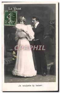 Old Postcard I want a kiss Woman Fan waltz