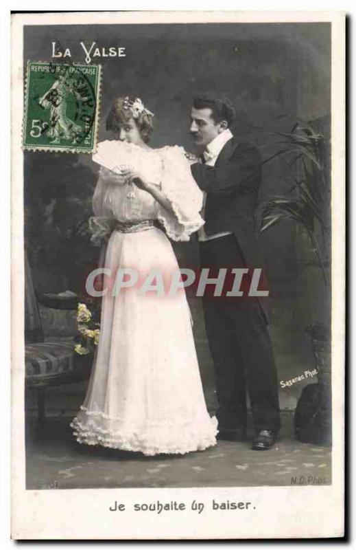 Old Postcard I want a kiss Woman Fan waltz