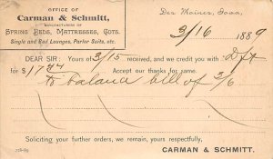 Carman and Schmitt Dated 3-16-1889 Des Moines, Iowa  