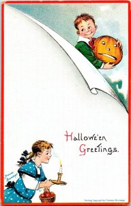 Vintage Frances Brundage Adorable Little Boy & Girl with JOL Halloween Postcard