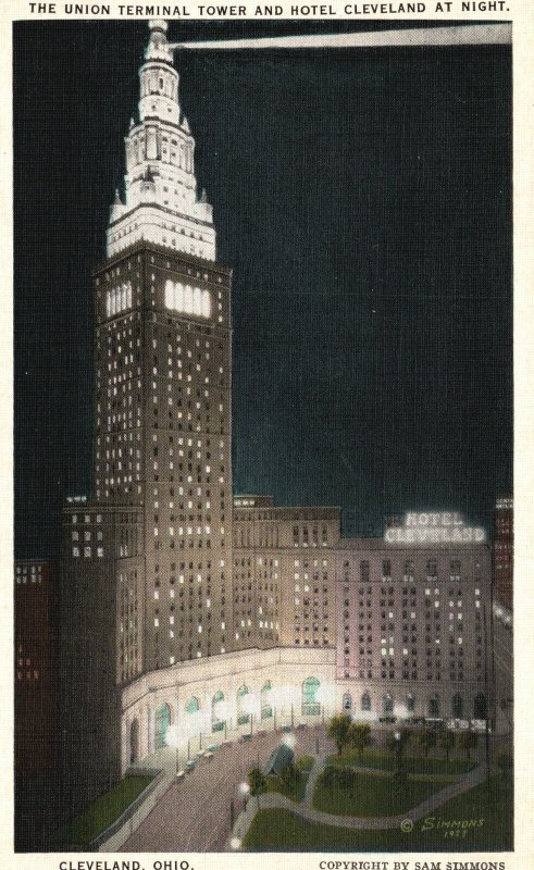 Vintage Postcard 1920's The Union Terminal Tower and Hotel Cleveland at Night OH