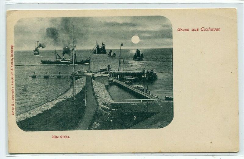 Gruss Aus Cuxhaven Pier Dock Ships Saxony Germany 1905c postcard