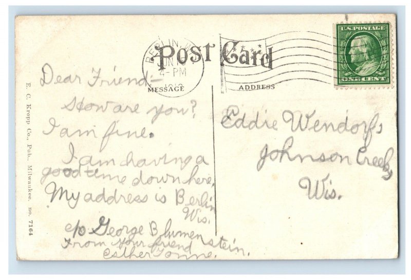 C1910 Carnegib Library Park Avenue Berlin Wis Postcard F35E