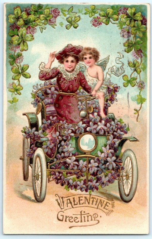 NICE Embossed 1908 Valentine Greeting Lilac Auto Carriage Car Girl w/ Cupid A5