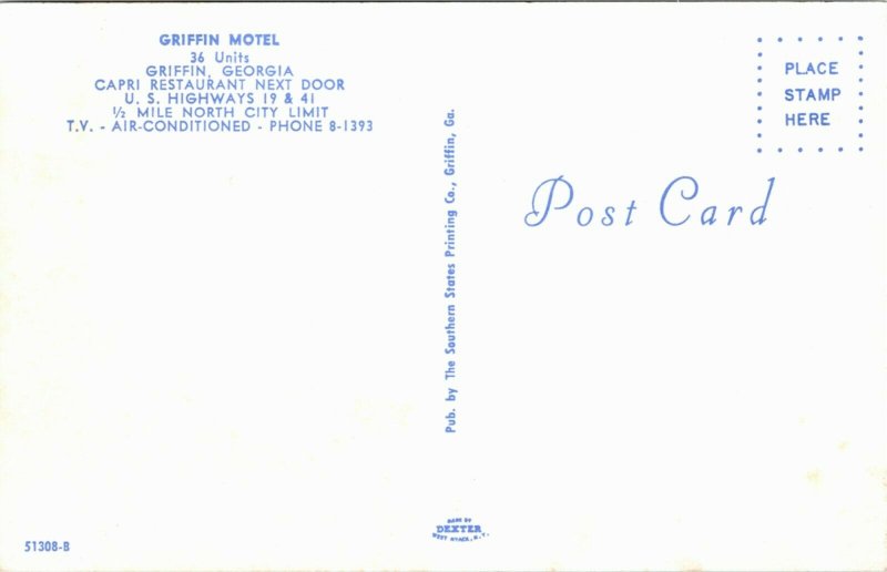 Postcard GA Griffin Griffin Motel and Capri Restaurant Highways 19 & 41 1960s J2