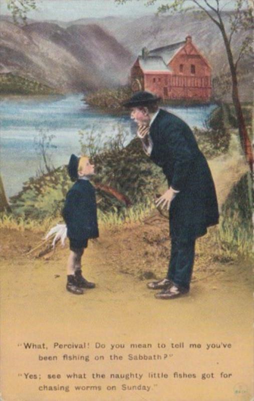 Bamforth Humour Boy Talking To Elder What You've Been Fishing On The Sabbath