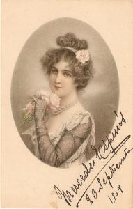 \Glamour Lady with Roses\ Beautiful antique German Postcard