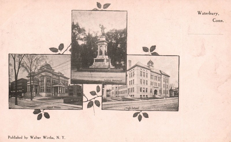 Vintage Postcard 1900's Three Famous Landmark Places Waterbury Connecticut CT