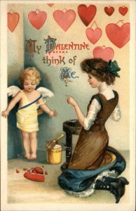 Valentine Fantasy Pretty Woman Cupid Broken Heart c1910 Vintage Postcard