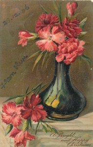 Embossed carnation flowers vase still life 1906 Christmas greetings art postcard