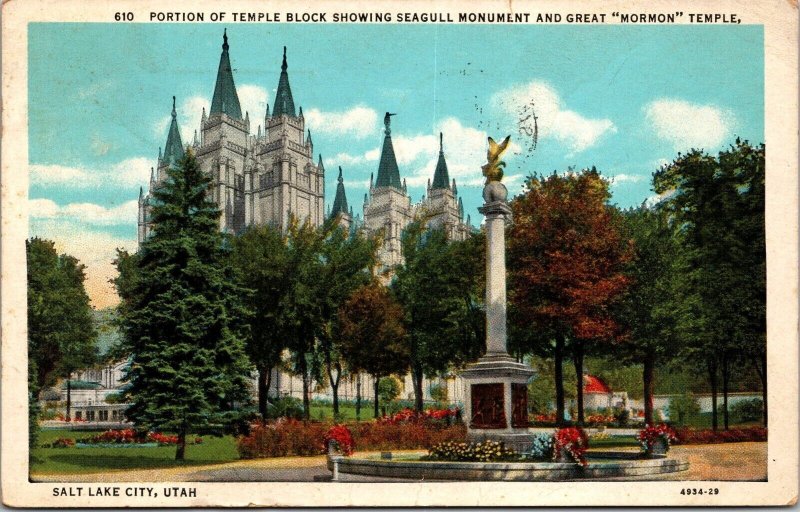 Temple Blocking Seagull Monument & Great Temple Salt Lake City UT Postcard PC137